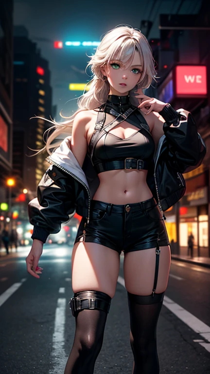 (((8k wallpaper of extremely detailed CG unit:1.2, ​masterpiece, hight resolution:1.2, top-quality:1.2, masutepiece))), ((a very beautiful woman, Hands in pockets:1.8, Street fashion:1.2, wearing a colorful jacket:1.2, Wearing boots)), ((extra detailed face, Highly detailed black eyes, extra detailed body, Top quality real texture skins)), (color hair:1.2, de pele branca, Small, exposed shoulder), ((Empty alley, Mileland. natta, Neon Street)), (high-angle, a closeup, Fisheye), hyper realisitic, digitial painting,