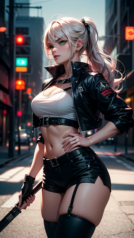 girl portrait photography, realistic, High resolution, 1 female, alone, full body shot, beautiful eyes, Close your lips, detailed face, gray hair, long hair, collared shirt, black tie,black skirt, pencil skirt, fur coat, stockings,(Black lace panties are visible)
