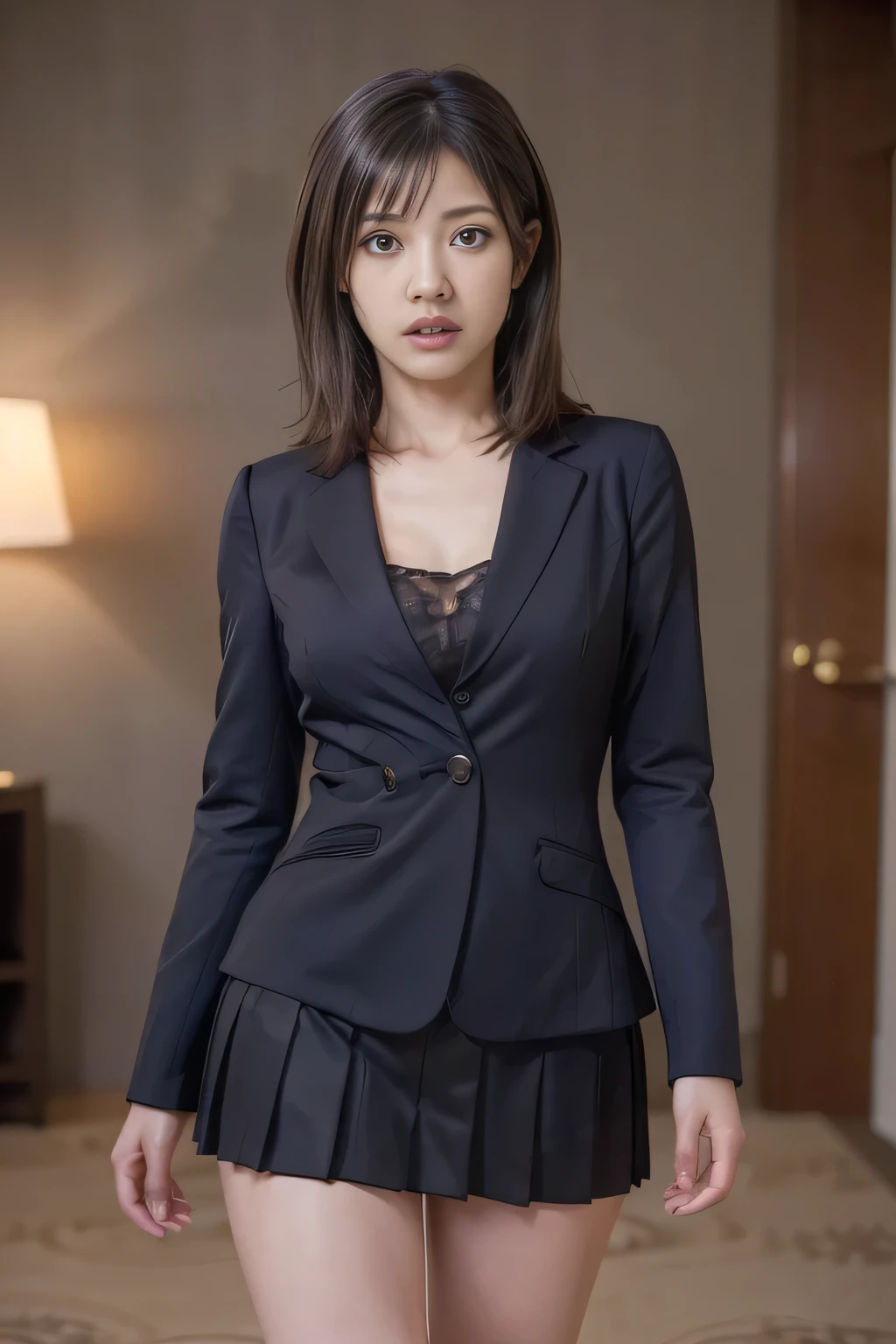 ((masterpiece:1.4))、((essential item showing crotch:1.4))、Woman with long light brown hair、((living room:1.Standing in a hotel bedroom wearing a short black pleated skirt、very Sexy Outfit, 厳格なsuitsを着ている、 is walking down the street wearing a stylish and luxurious cosplay , Sexy Outfit, ファッションsuitsを着ている, 黒色のsuitsを着て, Appropriately dressed 、黒色のタイトなsuitsを着ている, sexy look, suits、黒いsuitsを着ている、黒いsuitsを着ている、((fearful expression:1.4))、