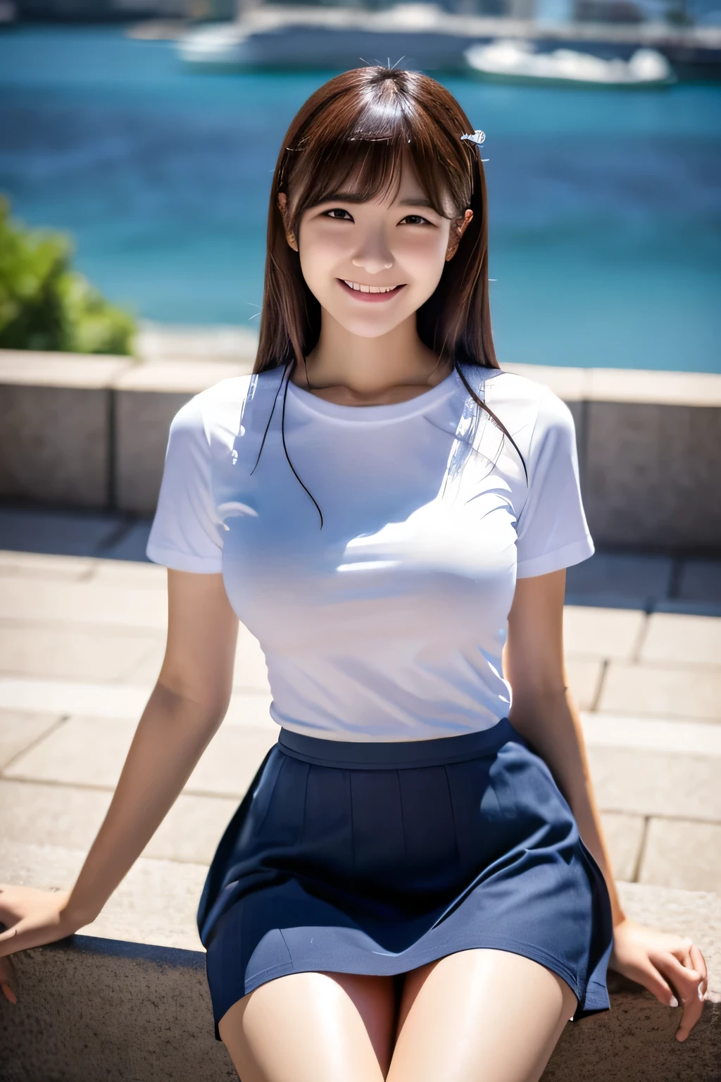(8K),(masterpiece),(Japanese),(),((Innocent look)),((Childish)),(Large Breasts),From the front and above,smile,cute,Innocent,Kind eyes,Plain T-shirt,Short sleeve,Blue checked short skirt,semi-long,Hair blowing in the wind,Black Hair,Somewhat strong wind,noon,bright