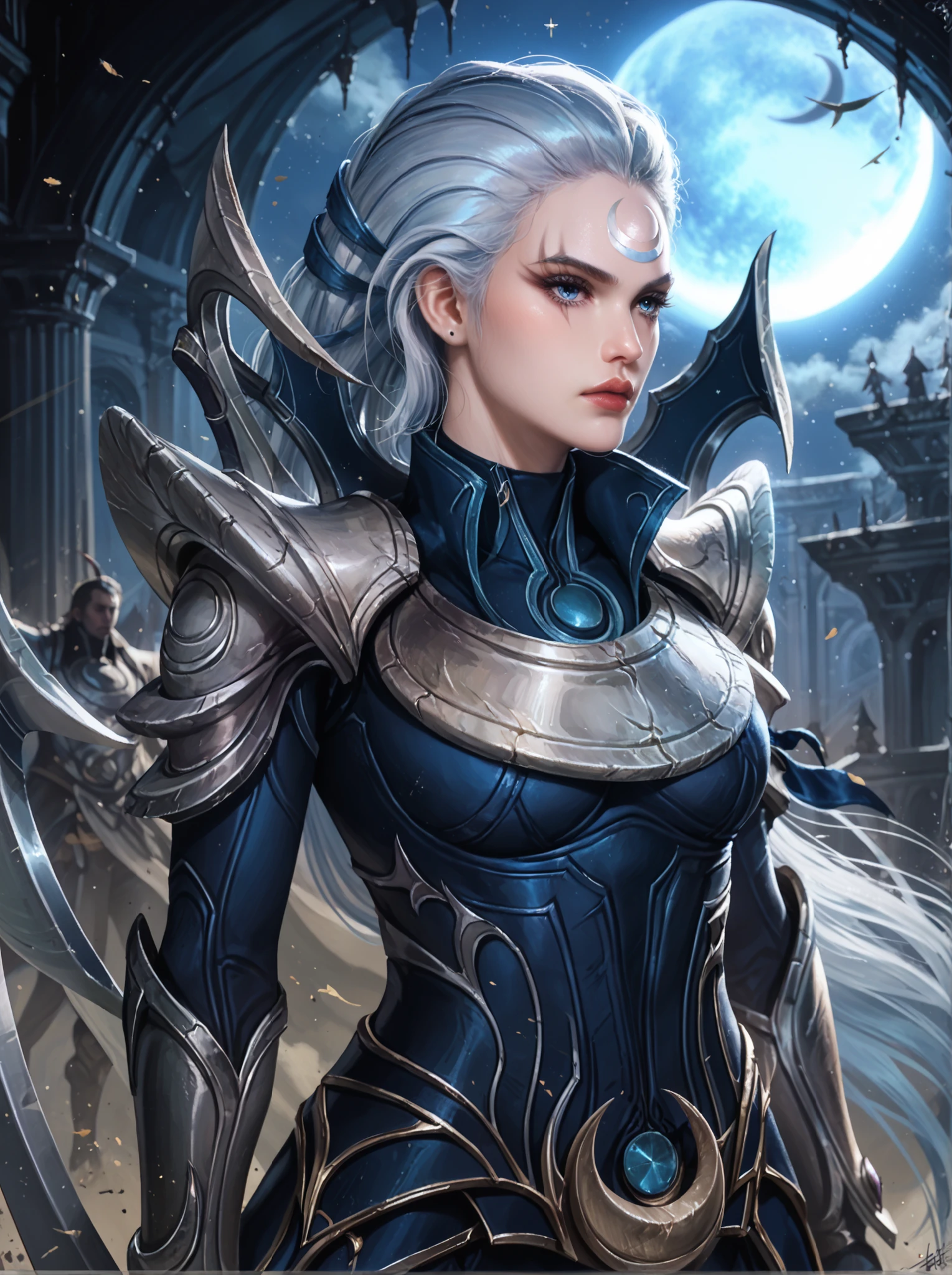 Diana from League of Legends, standing in a moonlit battlefield, long silver hair flowing, piercing pale blue eyes, wearing dark armor with silver crescent moon motifs, holding her (large), (curved crescent) blade, dramatic backlighting from a full moon, subtle blue mist around her feet, highly detailed digital painting, cinematic lighting. upper body illustration.