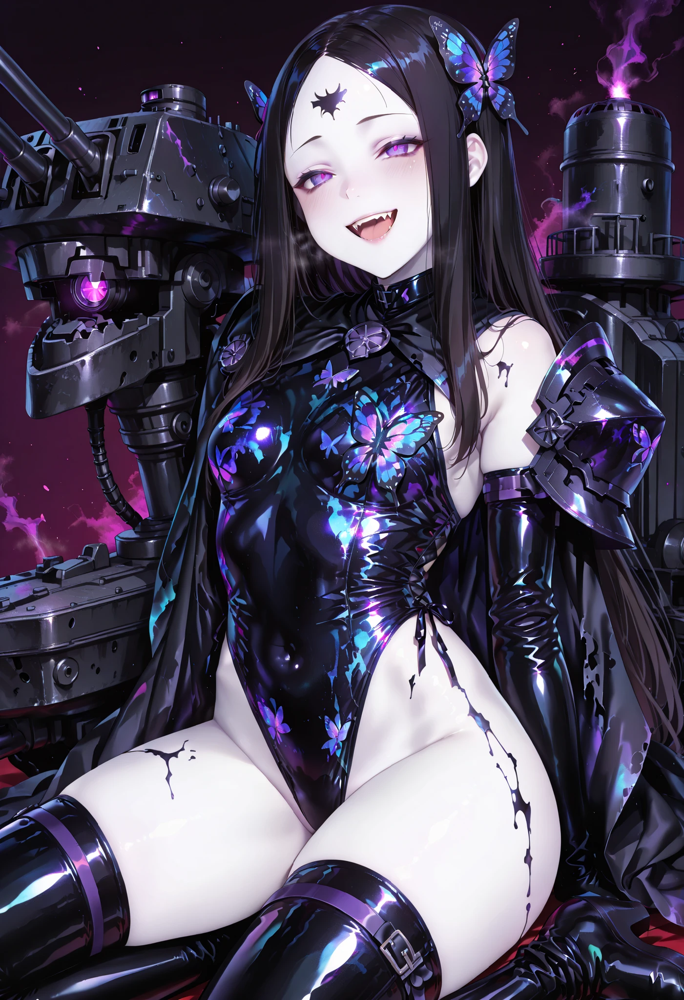 Dark magical girl. Black hair. Show forehead. Butterfly motif hair ornament. Long hair. Glowing purple eyes. Fearless smile. White skin. Holographic pigment costume. Thong swimsuit. Asymmetric shoulder armor. Oversized latex boots. Torn costume. Asymmetric Black cloak. Sit on the battleship. Equipped with a small battleship. Mechanical monster fangs. Cannon turret. Stroke body.