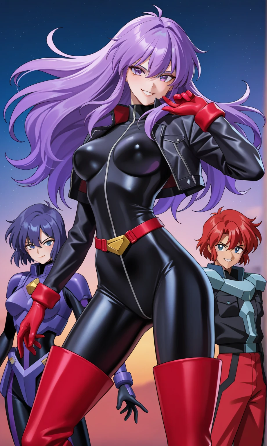 Design an animation sprite depicting a character crossing their legs. The character wears a full-body black suit with purple hair. Show the sequence in four frames, each subtly different to convey the movement