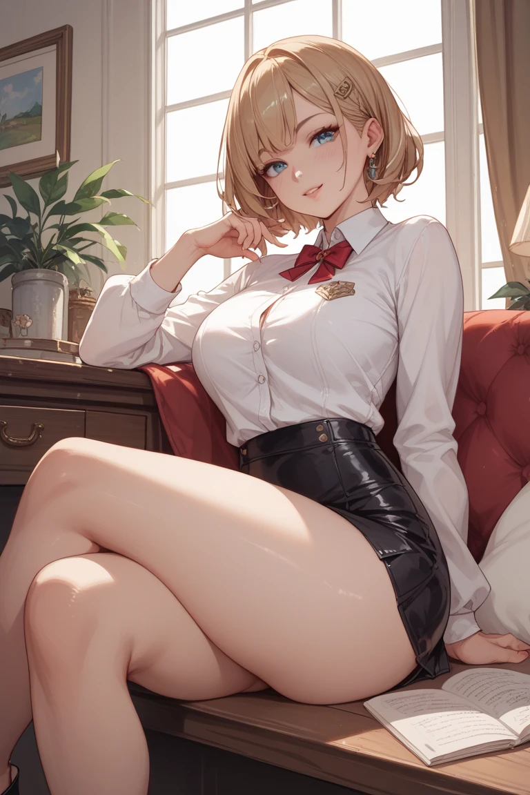 (masterpiece:1.2, highest quality), 1 female, alone, school uniform,blonde,ponytail, red eyes, (black skin),open chest,big breasts,beautiful hands,beautiful fingers,Premium chairs,sit with knees close together,beautiful feet