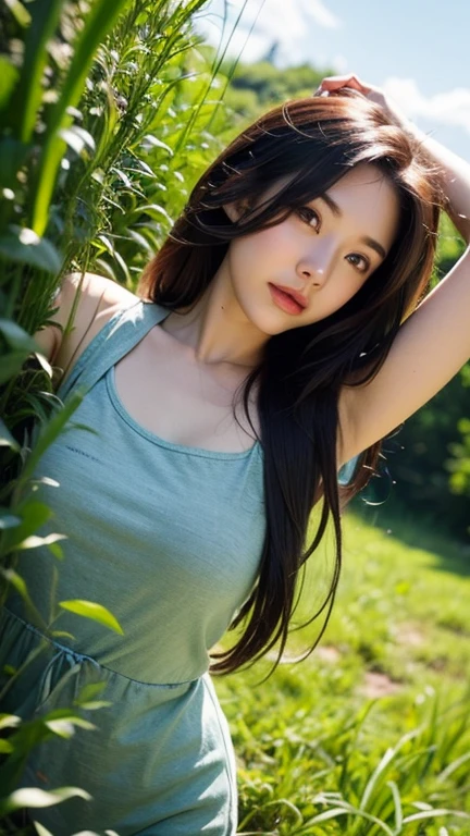 ((lie down arms up behind and head tilt,very wide shot)),raw photo, 8k uhd, dslr, natural lighting, high resolution, resolution6:19,film grain,cute idol  japanese a woman smiling,a 40 years old,natural make,tank top(light purple),cinematic photo, film, professional, high resolution,background grass