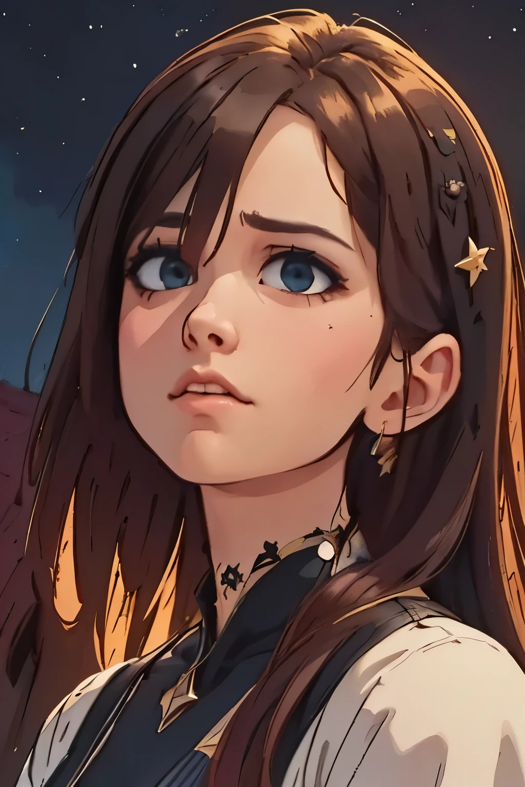 lost in contemplation under night sky, detailed portrait of pensive person, gazing upward, starry night sky in background, atmospheric lighting, moody colors, cinematic, dramatic, chiaroscuro, oil painting, 4K, ultra-detailed, photorealistic