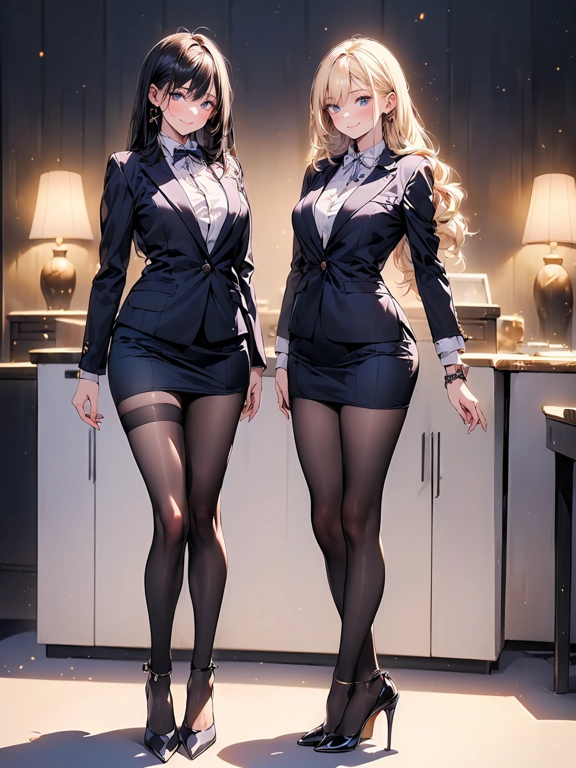 A highly detailed professional and ultra-realistic 8k CG masterpiece featuring an expressionless stewardess wearing formal clothes, thigh highs and high heels, with asymmetrical bangs and long hair in twintails. She has a seductive aura, cleavage, eyeliner, eye shadows, a choker around her neck, and striking eyes. She wears a blazer and a plaid skirt.