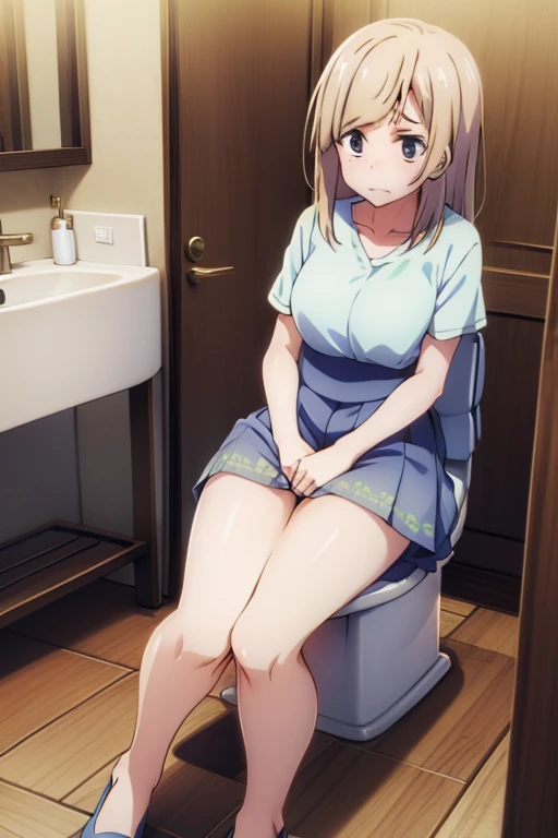 (ultra-detailed, best quality, anatomically perfect body:2), (1 girl, peeing, very Vigorously to peeing:1.5), (in public restroom, toilet bowl:2), (maxi dress, long skirt, petticoat, short hair, footware:2), (erotic twist of the body, open one's crotch, squatting, leaning forward:1.3), (constricted pupils:1.2), (nose blush:2), (embarrassment:1.4), (flying sweat:1.6), (breathless:1.3), (squinting:1.5), (open mouth wide), (shiny skin), (peeing, very Vigorously to peeing, pee parabola, pee puddle, pee splashing:2), (panties around one leg:2), (detailed pussy, naked crotch:1.1), (from side:1.3), (from below:1.8), toiletrec,toilet use