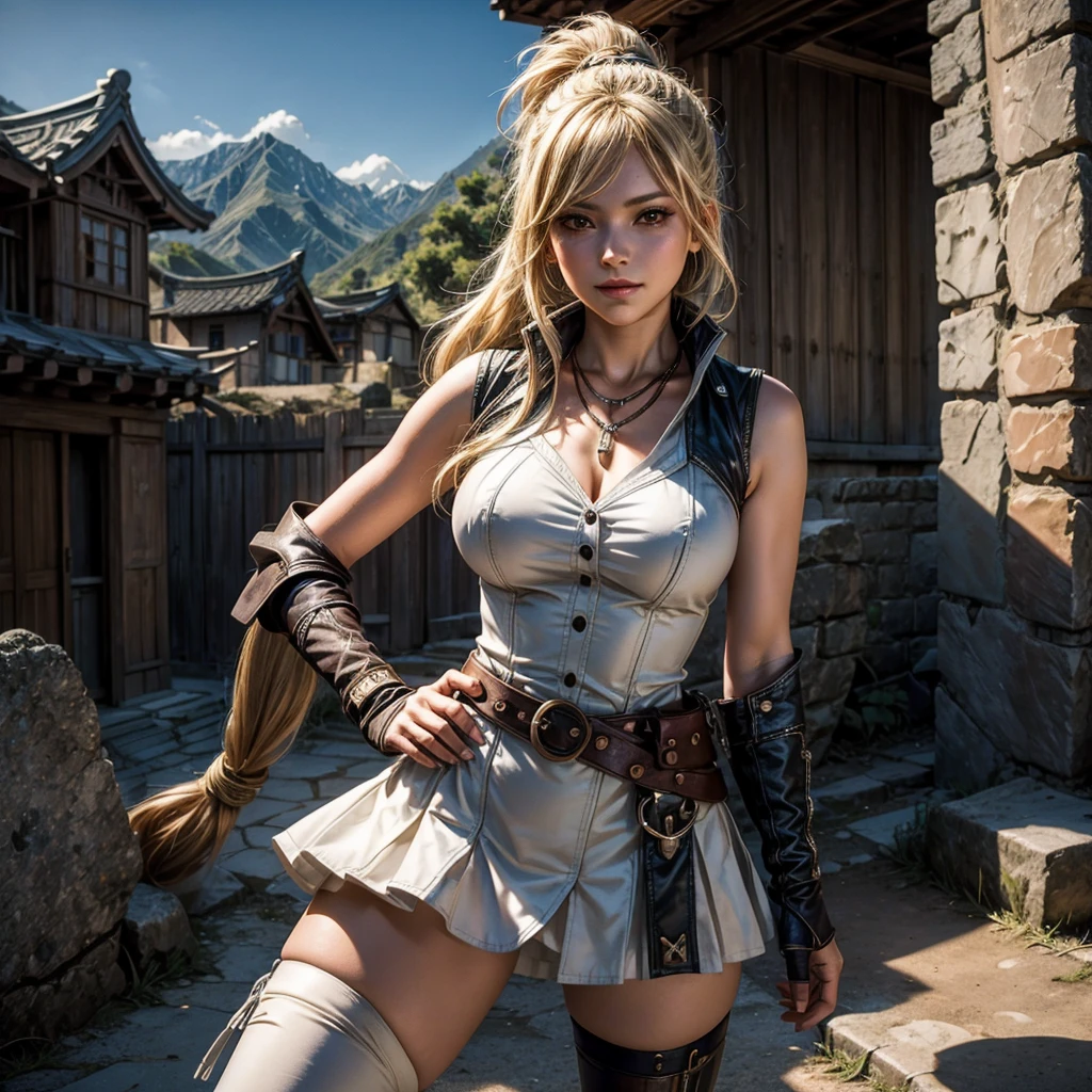 Ultra realistic 14 year old girl,    cos  , long blonde hair with braided bangs , medieval samurai armor , katanas,  flat breasts , garterbelt long socks , menacing face , sensuous  ,  Dungeonpunk  .