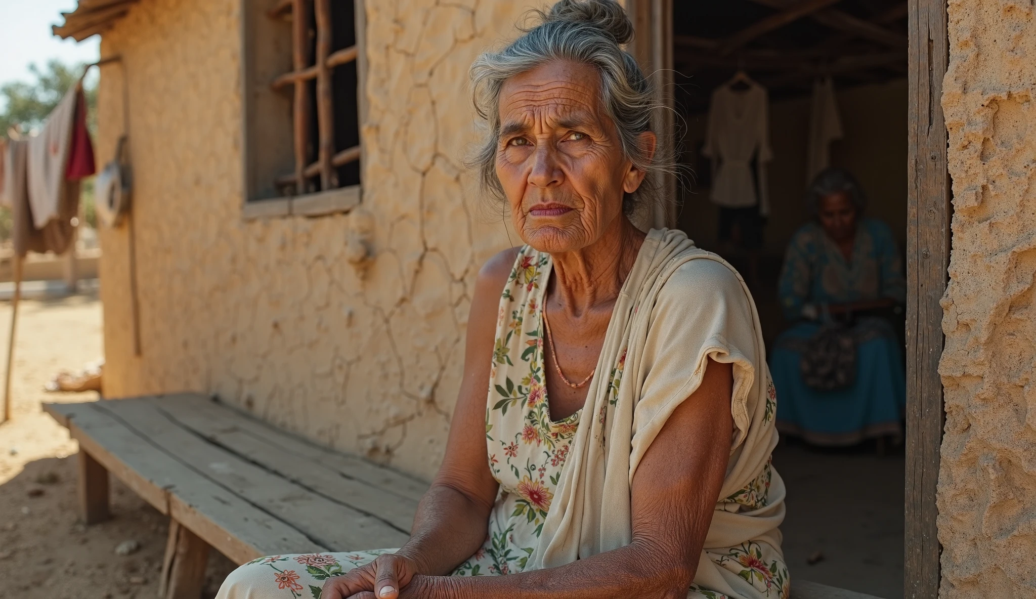 Dona Maria, a 76-year-old elderly favela resident, is depressed in her humble shack, showing off her slender and old body, the skin on her body wrinkled due to her old age. She wears simple everyday clothes, emphasizing her weather-beaten olive skin, white hair, and deep-set brown eyes. The setting takes place in a favela shack, with morbid colors and despondent sounds, creating a depressive atmosphere. Full body view of Dona Maria, a traditional Brazilian coffee is on the table. The photography captures the authenticity of Dona Maria's life with sharp focus, natural lighting and high-resolution imaging, highlighting the genuine emotions in her eyes and the decaying environment of the favela. Dona Maria wears a modest yet personality-filled dress, made of sturdy cotton in earthy tones with delicate floral patterns. The cut is elegant, with short sleeves and handcrafted details, reflecting a life dedicated to overcoming. The length reaches her ankles, and she accessorizes the look with simple accessories like a beaded necklace and a distressed leather bracelet. This dress is not just a piece of clothing, but a testimony to Dona Maria's history and resistance.