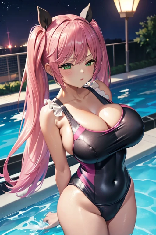 Cool beauty married woman、Pink Long Hair、(Big Boobs)、leotard、necklace
