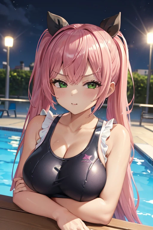 Optimal，masterpiece，High resolution，Highest quality，Hyper HD，Very detailed，Award-winning，16K，alone，（Upper Body），Correct Anatomy，Beautiful girl，、Cute Face，Pink Hair、Long Hair、Twin tails、Braiding, Hairline，Swimwear，Pool