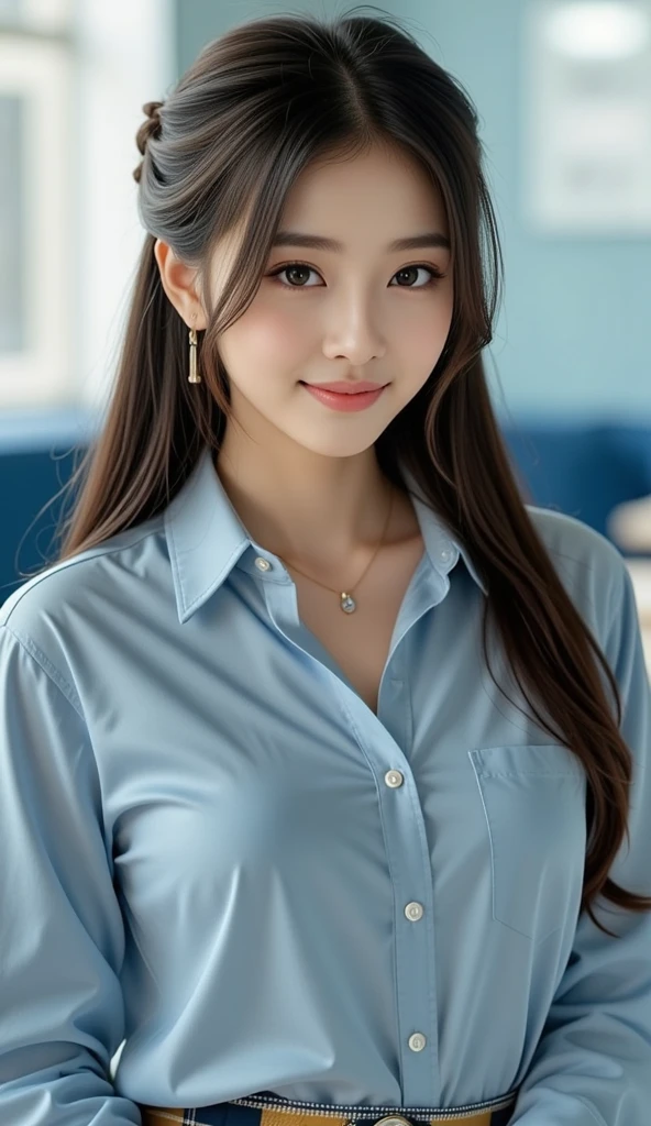 ((highest quality、Masterpiece、High resolution))、(((Zoom photo of upper body)))、(A shy smile:1.2)、One 15-year-old female、Beautiful Skin、Beautiful Eyes、Large Breasts、Nurse uniform、Black Hair、Trimmed bangedium Hair