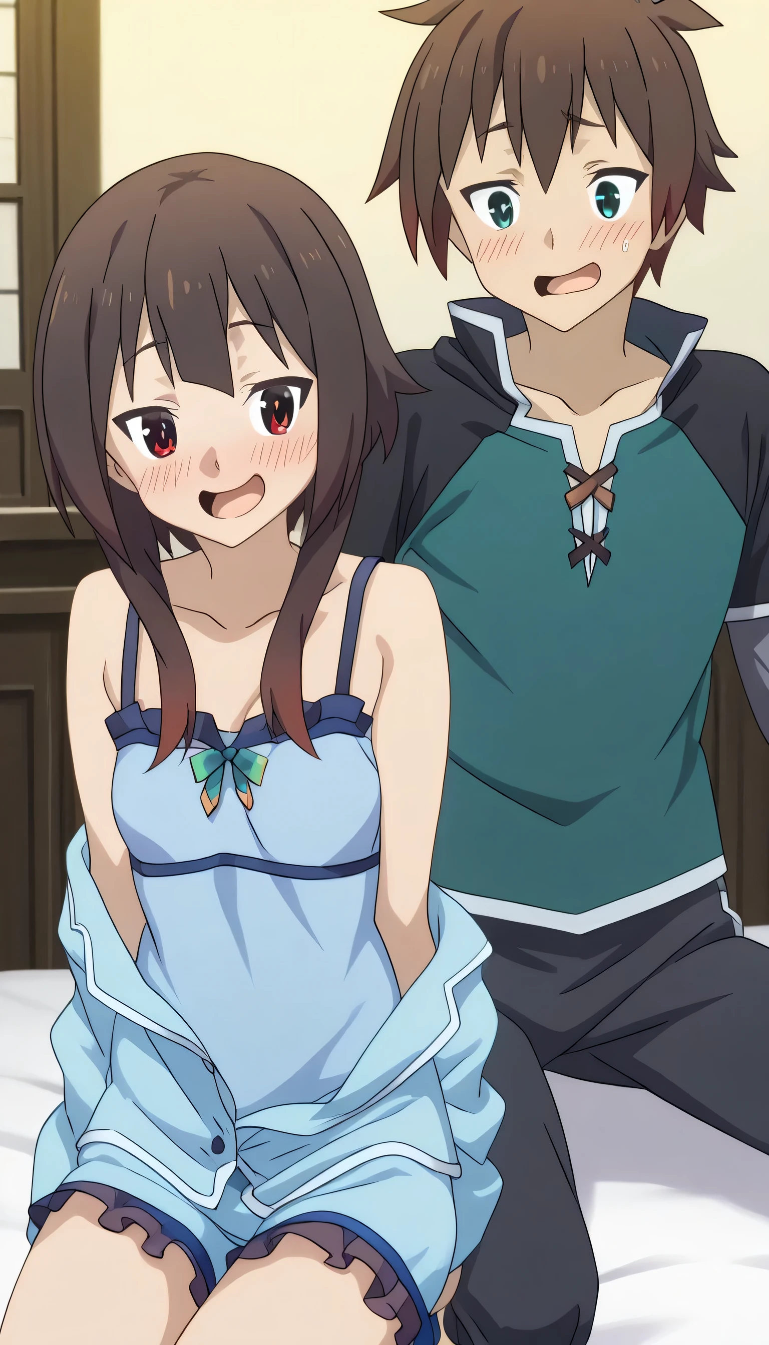 megumin, multiple_girls, 1boy, aqua_(konosuba), 2girls, satou_kazuma, blue_hair, pajamas, long_hair, blush, brown_hair, blue_eyes, red_eyes, open_mouth, short_hair, smile, bare_shoulders, breasts, meme