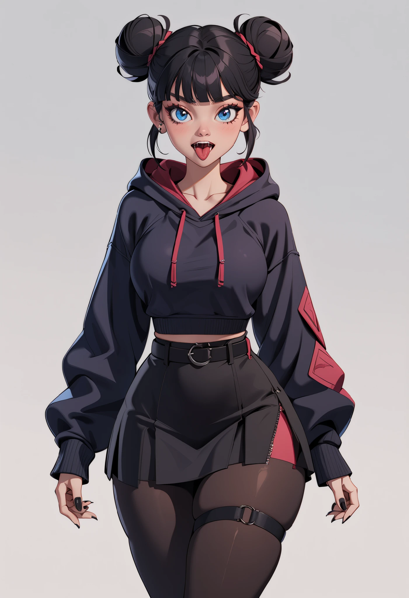 th3t4styl3, 1girl, solo, tongue, hair bun, double bun, black hair, blue eyes, hood, tongue out, white background, open mouth, looking at viewer, simple background, black nails, hoodie, thigh strap, pantyhose, breasts, skirt, blunt bangs, long sleeves, skindentation, hood down, black hoodie, black pantyhose, piercing, cowboy shot, nail polish, teeth, black skirt, sleeves past wrists, belt, miniskirt, jewelry