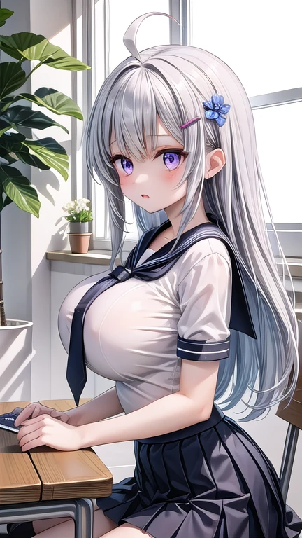 ((exceptional quality)), ((masterpiece)), (detailed), perfect face, perfect eyes, expressive eyes, long wavy white hair, white cat ears, gigantic breasts, thick thighs, red eyes, bratty, lips parted slightly, lips curled into a smirk, heart earrings, red lipstick, bowtie around collar, short sleeve button up crop top tied in knot at the front, cleavage visible, pink short tulle skirt, sitting on a desk, phone in hand, phone pointed at viewer