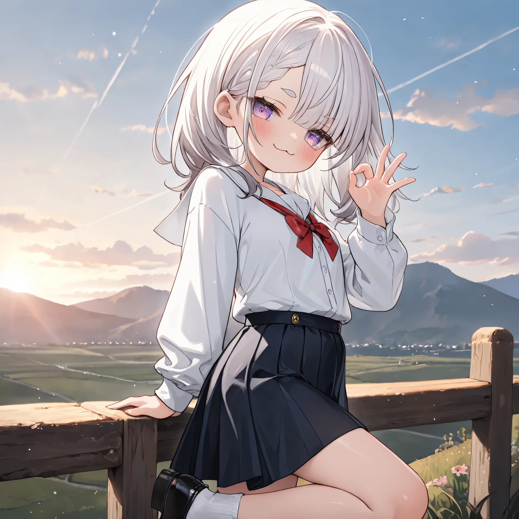 ((Masterpiece)), ((best quality, very aesthetic, absurdres, newest)), (from side, wide shot), (8K), (cinematic lighting), ((1girl)), (cute young girl), (Healthy body, Textured skin, small breast, tilt head), Glossy hair, (Asymmetrical bangs, long side bangs), (medium hair, platinum-gold hair, unruly hair, gradient hair), ((smug, :3, blush)), (pale purple eyes, glitter eyes, gradient eyes, jitome), big eyes, (short eyebrows), glossy lips, (lower eyelashes), BREAK, ((School uniform buttoned shirts, medium skirt, red string ribbon), Beautiful collarbones, ((ok sign in hand)), Beautiful shoulders, (Standing on one leg, toe up, balancing on the hill, Landscape below the port town), outdoor,