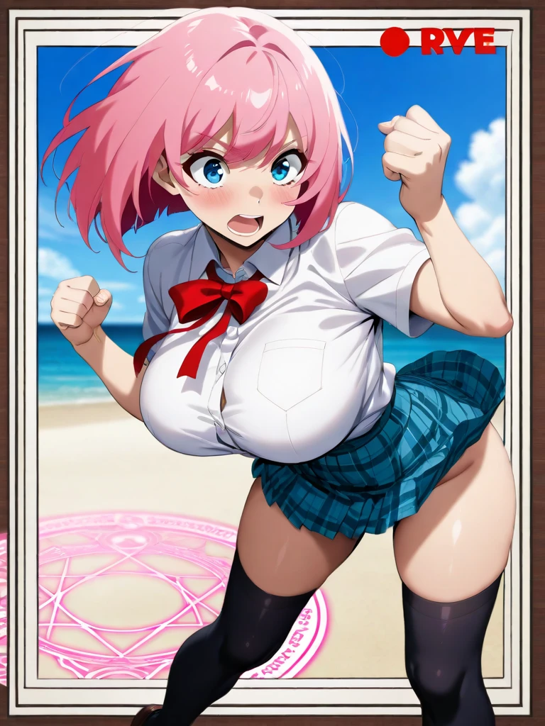 (( 1girl in)), NSFW、blush,A pink-haired、blue eyess、 White Bikini ,Training room、Armpits、((huge-breasted))、big butts、((thick thighs))、Hands behind the head、Sweat、(spreading legs)、sitting on、closes mouth、Wavy mouth、((bob cuts))、From below