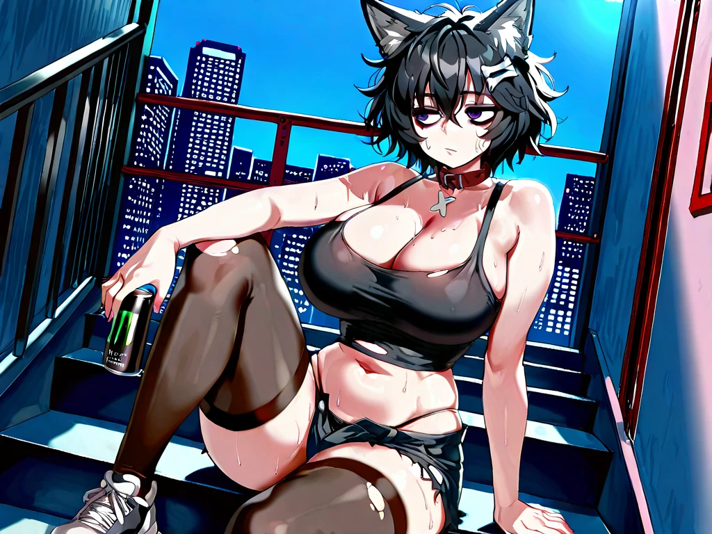 ((A furry girl sitting alone leaning back)), short black hair, wearing a pink choker, wearing pink bra, wearing pink thongs, wearing glasses, ( average body type ), ( Average big size breast ), side view camera, shy, embarrassed, wet, blushing, mouth open, lewd, drooling mouth, chest is wet, sweating, side view shot, lone world,she is alone in the world, nobody is in the world except her, side view, side view shot, side view cam, side view body, right size for pink bra