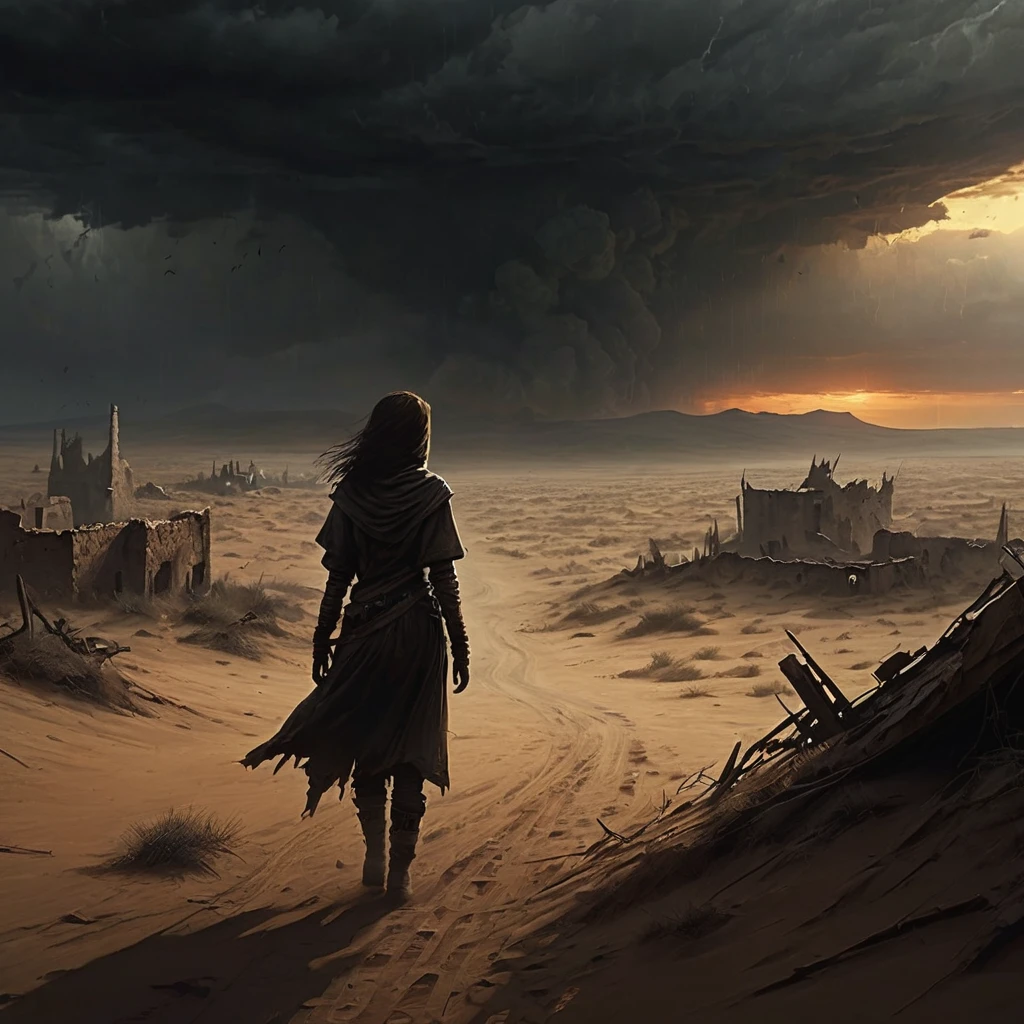 In a desolate wasteland, a figure emerges, their torn clothes bearing witness to the harsh environment they have endured. The scene exudes an atmosphere of desolation, with a barren landscape stretching into the distance. The individual's body showcases visible scratches, scars, and bruises, evidence of the hardships they have faced. Their expression reflects a mixture of fear and sadness, capturing the emotional toll of their journey through the wasteland. This full-body depiction in high definition brings these details to life, allowing viewers to empathize with the subject's plight. The 9:16 aspect ratio enhances the vertical composition, emphasizing the figure's presence against the backdrop of the unforgiving wasteland
