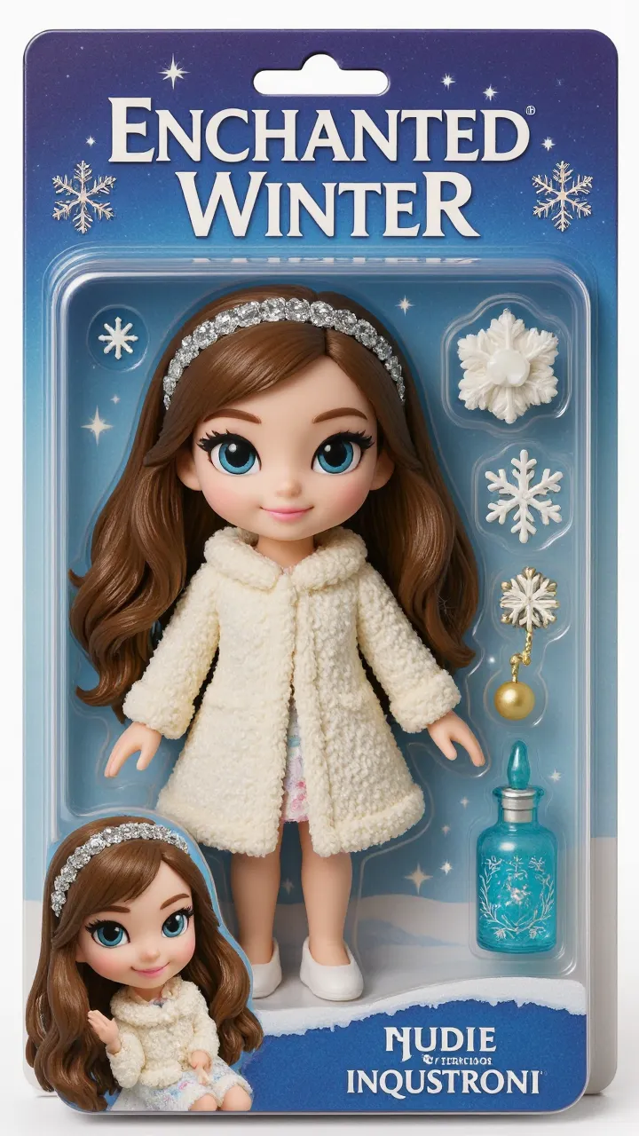 A 6-year-old girl with dark hair using a tiara, wearing a icey blue dress and shiny pink shoes , holding a tiny snowman in her hands