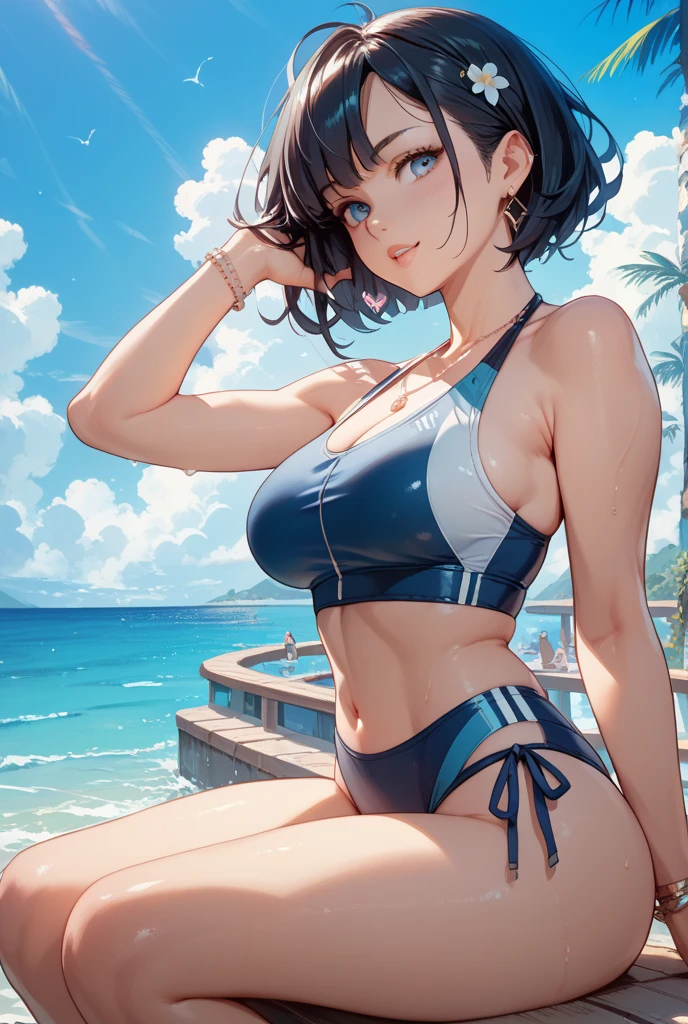 Realistic、Face reality、With a girl、Swimwear、Sexy smile、My breasts have gotten a little bigger、Sexy pose、High diving board、Bandeau bikini、Less fabric area、
