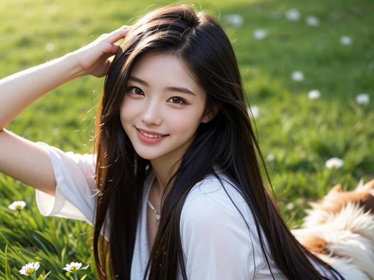 Create an ultra-realistic image of a 21-year-old Japanese woman named Kotone. She has extremely long, perfectly straight black hair that flows down to her waist, with blunt bangs that cover her forehead. Her eyes are large, enchanting, and have double eyelids with sparkling black pupils, giving them a captivating and youthful appearance. Her face is delicate and innocent, with very thin eyebrows that frame her large, childlike eyes. She has a small mouth with sexy lips, and her skin is smooth and flawless, resembling snow in its pure white color. She has a slender and well-proportioned body with a shapely bust size of 95 cm, a height of 158 cm, a weight of 43 kg, an ideal waist size of 58.46 cm, and an ideal hip size of 86.73 cm. Her complexion is flawless, without any wrinkles, and her natural makeup enhances her features subtly, maintaining a fresh and youthful look. She embodies a perfect balance of youthful charm and mature elegance, with a cute and innocent smile that adds warmth and affection to her appearance.
Kotone should be depicted facing forward, with her body positioned to emphasize her front. Her long black hair should flow naturally over her shoulders, framing her face and upper body. Her pose should be confident and relaxed, with her arms gently at her sides or holding a small accessory. Her expression should be warm and inviting, with a friendly smile that captures her youthful charm. The lighting should be soft and natural, focusing on her front and emphasizing the smoothness of her skin and the delicacy of her features, creating a sense of depth and realism. The background should be simple and neutral, ensuring that every detail of her appearance is highlighted and that the focus remains on her face and front. She is wearing a casual yet stylish outfit that highlights her well-proportioned figure, such as a fitted blouse and skirt.