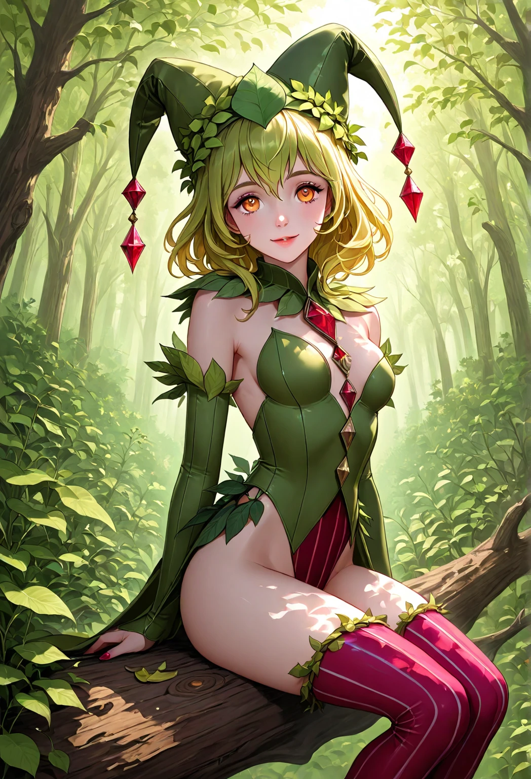 ((best quality)), ((masterpiece)), (detailed), 4k, green skin, pointy ears, goblin girl, cute, innocent, naive, absurdres, soft skin, medium breasts, wearing leaf bikini, holding a large present, surprised expression, receiving a gift, holding a large birthday present, looking at present in hands