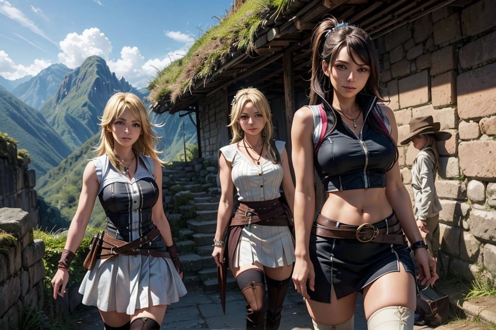 primer plano. Una foto de dos gladiadoras muy bellas y atractivas, usando varias piezas de armadura y levantando los brazos con el arma hacia arriba