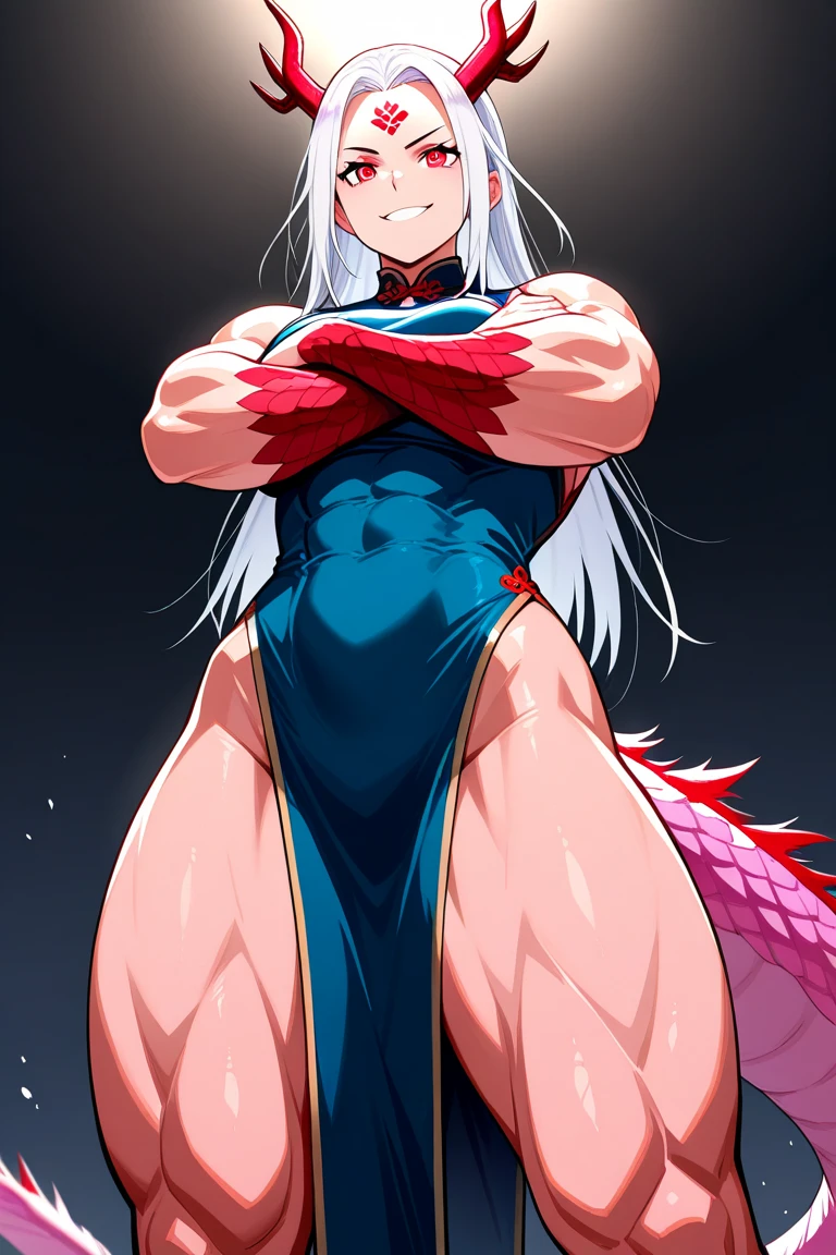 Full body image of a dragon woman, full body in image, wearing fantasy-inspired armor or outfit, long hair with dragon-like features (horns, scales), female body, tall and muscular body, dynamic pose, detailed pose, simple background, expressive face showing fierceness, focus on face, line art, sketch