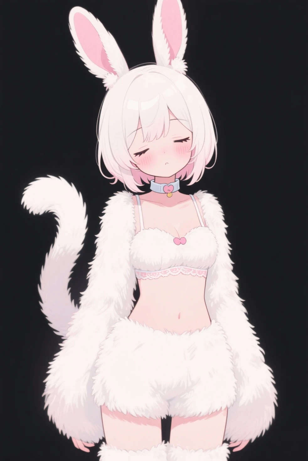 , score_9,score_8_up,score_7_up, source_cartoon, an Anthro furry albino lynx girl, white furry body, black lynx spots, black ear tips, short white hair with pink tips on hair, pink highlights in hair, pink eyes, wearing black underwear, seductive, on her knees, kneeling, full body shot, feet paws, 4 toes,