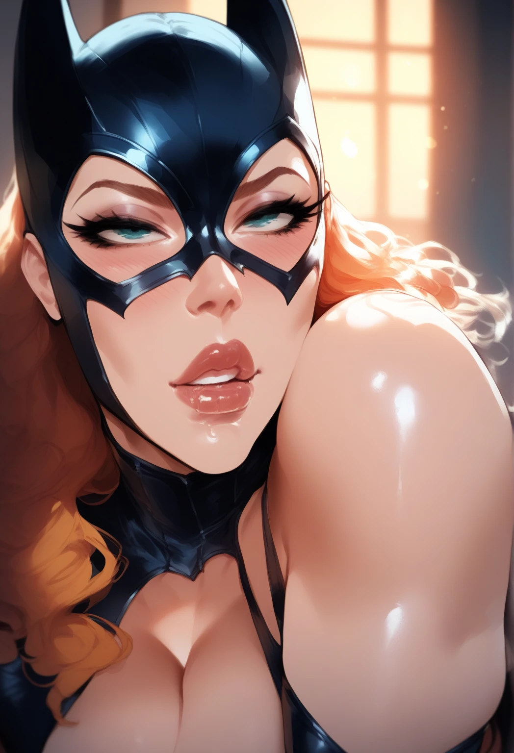 Red hair girl blowjobs deepthroat , runny makeup, in a sheer lace bodysuit , hard deepthroat, blue eyes, pov firsperson view, dick goes deep throat ,Licking my dick piercing tongue