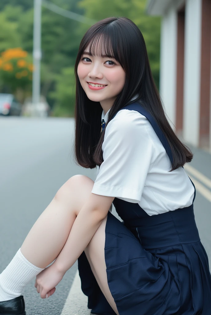 8K, Highest Quality: 1.4, High Resolution: 1.5, (Photorealistic: 1.4), Masterpiece: 1.2, (Highest Quality: 1.4), Raw Photo, Japanese woman in sailor uniform squats on the sidewalk, spreads her legs, shows her panties, holds up her skirt with both hands, 18 years old, Stock Photo, Japanese uniform, Beautiful and attractive anime teen, Japanese uniform, Beautiful school girl, (shy smile), Smooth skin,