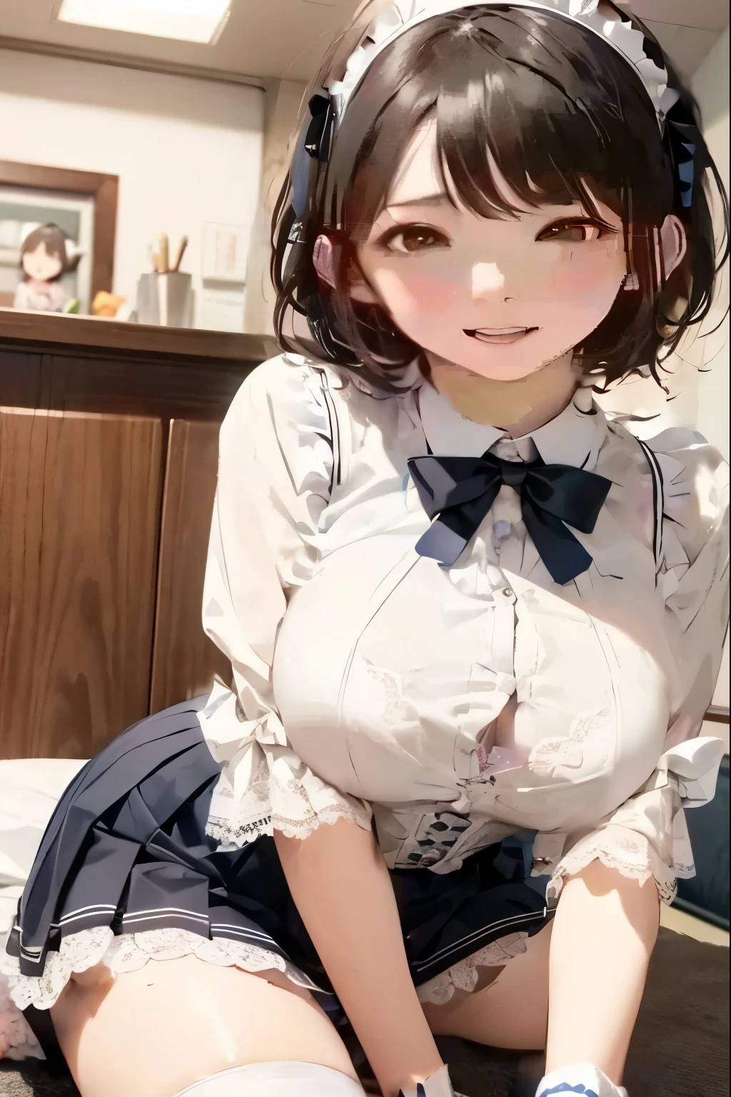 Best quality at best，tmasterpiece，超高分辨率，Nice face，mature，爆乳，Open-mouthed，Stick out your tongue，squatting on the ground，legs are open，Two-handed Biye，expressing joy，pissing