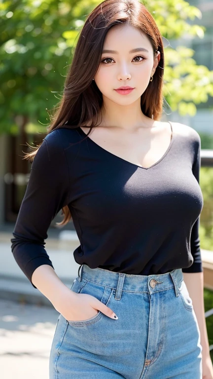 (best quality:1.2,4k ultra hd:1.2), a girl, beautiful face, full and glossy lips, long flowing hair, perfectly straightened, small breasts, (gradient purple t-shirt:1.5), (black straps t-shirt:1.4), black jeans, complete with a cap, (sparkling sunglasses:1.5), capturing her character and charm, with a blurred background enhancing the relaxed atmosphere, showcasing her confidence and elegance, sitting,
