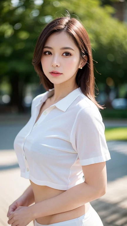 An innocent 20-year-old girl、((Skirt, White T-shirt,Dramatic Pose)),smile,shortcut,Big Tits 1.5、Park Background、RAW Photos, (8k、highest quality、masterpiece:1.2)、(Intricate details:1.4)、(Photorealistic:1.4)、Octane Rendering、Complex 3D rendering with ultra-detail, Studio Soft Light, Rim Light, Vivid details, Super Detail, Realistic skin texture, Detailed aspect, Beautiful details in the eyes, Highly detailed CG Unity 16k wallpaper, compensate, (Detailed Background:1.2), Glowing Skin, whole body、From head to thighs、Cleavage,((Sit on a bench))