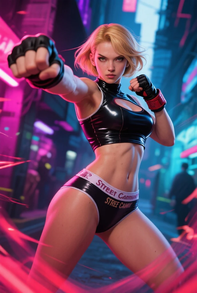 ((best quality)), ((masterpiece)), (detailed), 
(highres), 8k, detailed illustration, ultra-detailed, ambient light, backlighting, realistic shadows, glowing particles,
(((vivid colors:1.4, bright colors:1.2, 2.5d, flat-colors:1.2))),
(seductive lips:1.3), detailed eyes, big eyelashes,
Sonya Blade cowboy shot, fighting posture, black legging pants, yellow top, tight clothing, bare shoulders, toned, athletic, police gym, punching bag, wearing boxing gloves, HDRM, big eyes