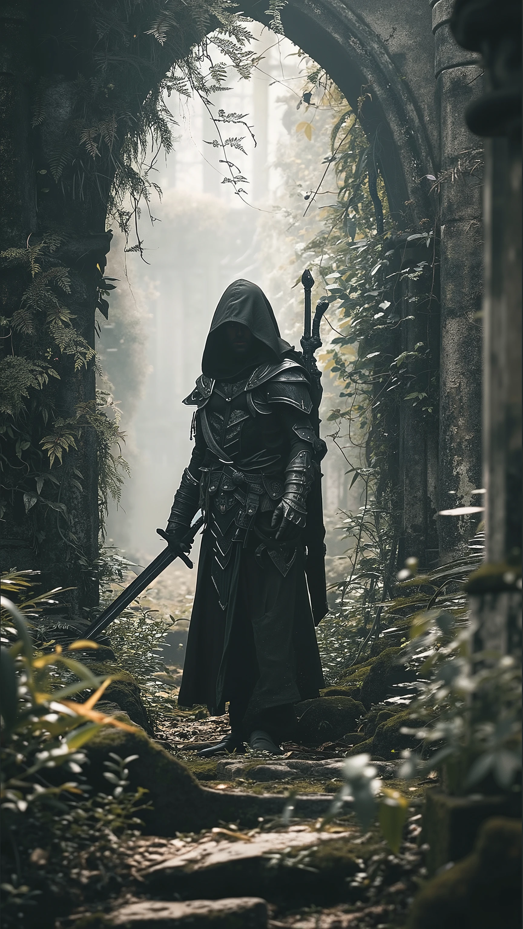 The photo shows a figure in dark armor and hood holding a sword and walking through an ancient stone corridor surrounded by vegetation. The photo has a misty atmosphere that adds to the mystery and mysticism of the setting, --v 6.0 --ar 9:16, beautiful detailed, high resolution, 32K, realistic rendering, (Masterpiece, Hi-res: 1. 2), ultra-realistic details, depth of fields, High Definition, Accurate, top quality, High Definition model, high detail, (detailed face : 2.0), (dynamic : 2.0), (intricate details : 1.1)