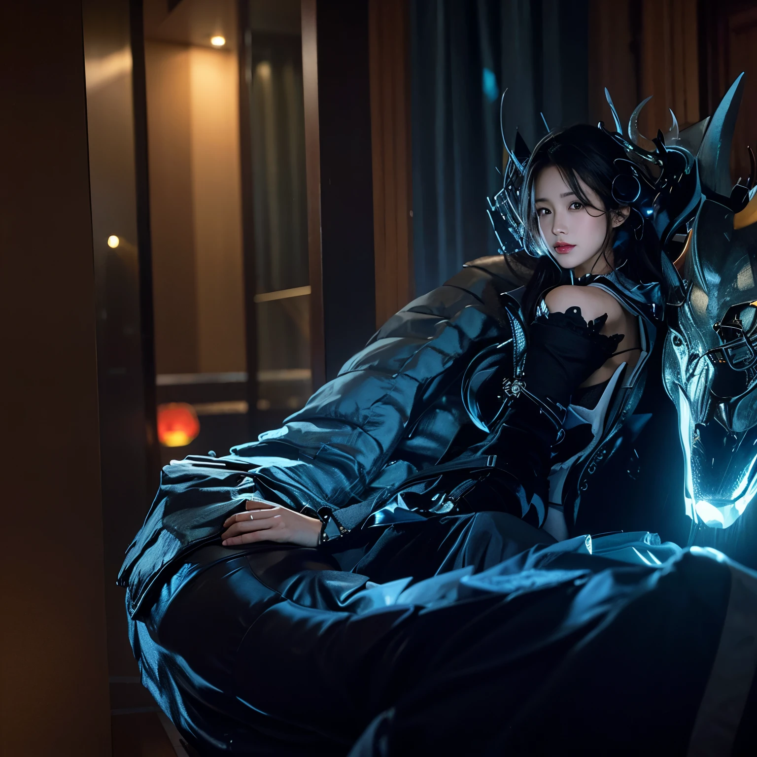 there is a woman in a blue and black dress, final fantasy style 14, from ncsoft, <Cena MMORPGS, seductive mesmer woman, in monster hunter armor, fantasia final 1 4, negotiating in pxiv, 8k Character Details, style game square enix, costume with blue details, fantasia final 1 4 screenshot, wearing shiny breastplate