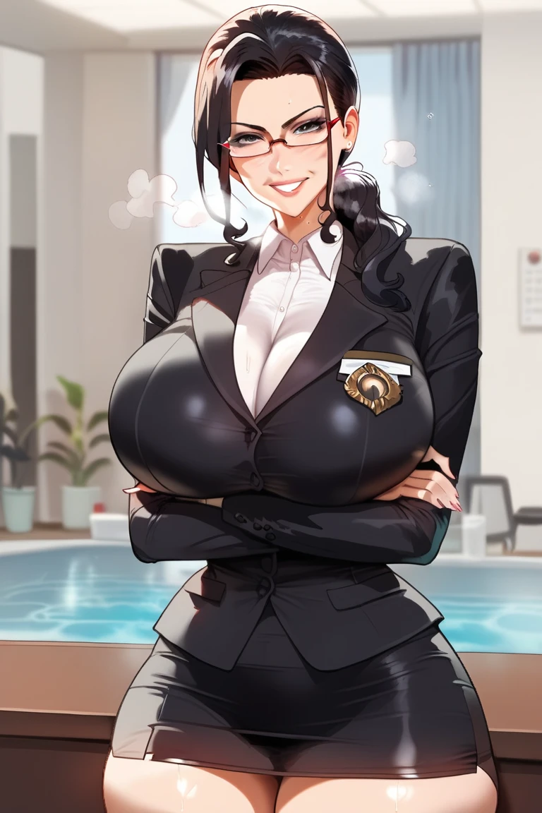 sexy woman, mature, big boobs, large breasts, nude, pussy, nipples, curvy, voluptuous, black hair, brown eyes, short cut, hairbun, slick back, lips, shiny skin, glasses, serious, standing, office, indoor, pc, windows, solo focus, multipe boys, look away, (masterpice:1.5), (high-quality:1.5), (best-quality:1.5), (highly detailed woman), high detailed eyes and face, highly detailed fingers, intricate_details
