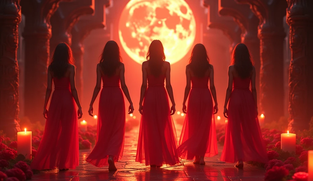 Beneath a starry sky, seductive female demons perform a dark and elegant dance in the ruins of an ancient castle. Dressed in black and red Gothic gowns, they exude an air of elegance mixed with a hint of danger. Aim for realistic depiction, make sure photos are at highest resolution (8K)