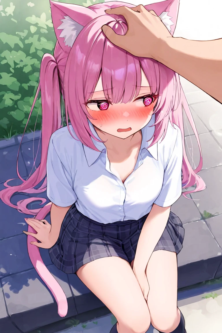 One girl, Shikimori-san, Pink Hair, Long Hair, blue eyes, Hair between the eyes, bangs, blush, compensate,smile,chest, Black sweater, Bare shoulders, No sleeve, skirt, View your viewers,Bare Belly,Secretly showing off her bra,Sit with your feet together,masterpiece, Highest quality,nsfw,Alley, 1 boy, fellatio, penis,
