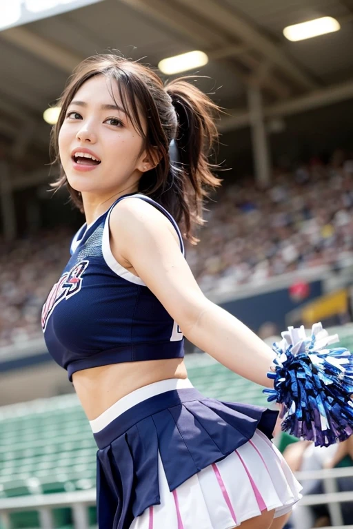 young Asian woman in cheer costume performs dynamic dance in the stands at Koshien, multiple girls, cheerleader, black hair, beautiful, cute, 19 years old, Various poses, Thighs, Tight skirt, Top quality, Clear face, Super high resolution, (Photorealistic), Symmetry, High detail RAW, [:(High detail face: 1.3):0.1 ], with a big smile, wearing cheerleader outfit, holding pom poms(cheerleading).