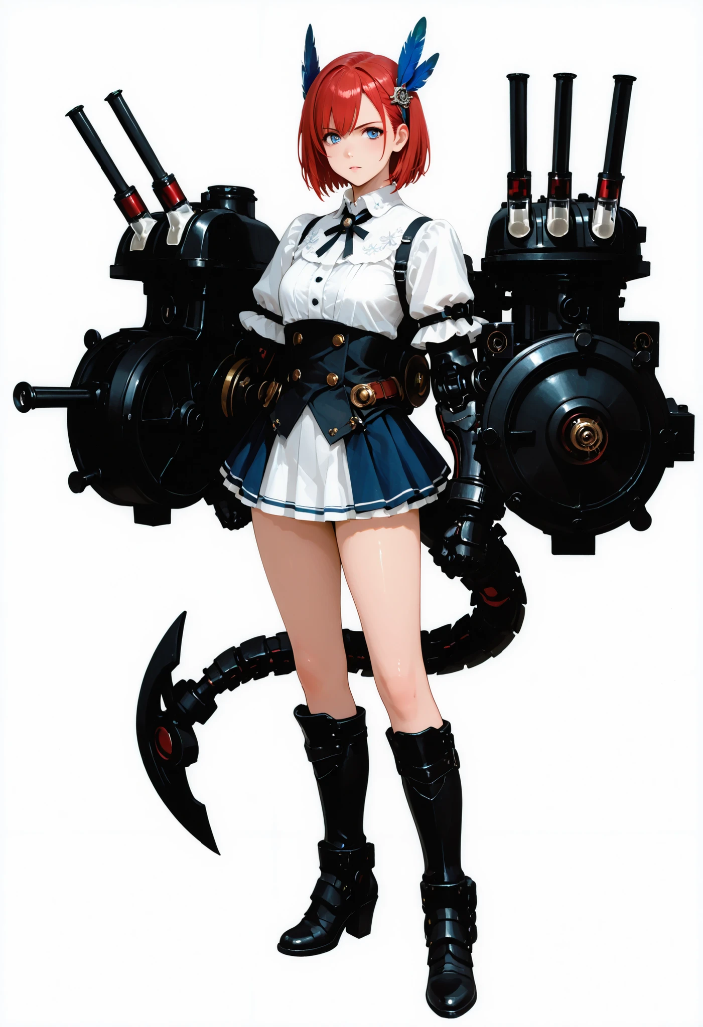 A girl with big arms. Short hair. Red hair. Blue feather hair ornament. White blouse. Miniskirt. Mechanical arms. Gauntlet with alchemy syringe. Piston engine on tube. Battleship gauntlet. Mechanical boots. Mechanical tail.