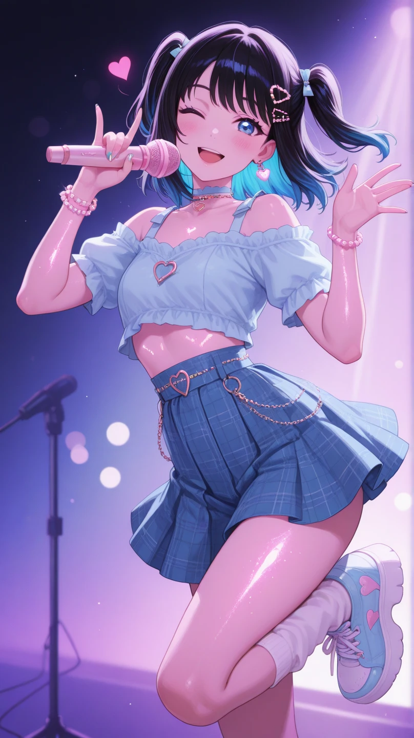 idol 18-year old girl singing on stage, bottomless dress, , from below, pussypy, holding microphone, blue and violet color theme, neon colors, surrounded by floating music notes, glowing music notes, nsfw, no bottom clothing, no panties, lress skirt,