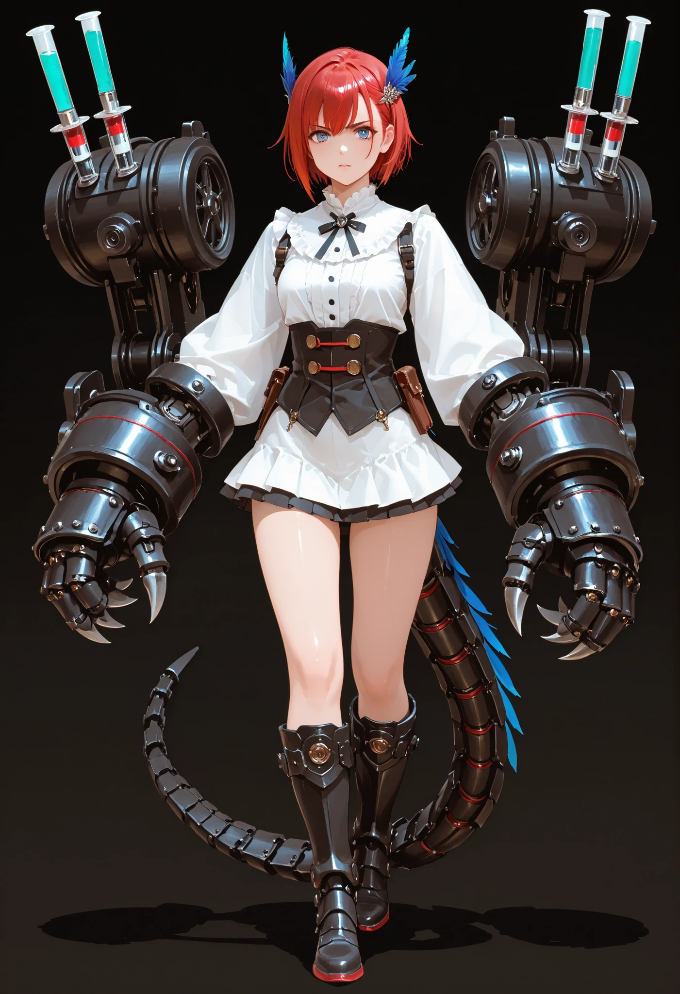 A girl with big arms. Short hair. Red hair. Blue feather hair ornament. White blouse. Miniskirt. Mechanical arms. Large arm gauntlets. Sharp claws. Gauntlet with alchemy syringe. Piston engine on tube. Battleship gauntlet. Mechanical boots. Mechanical tail.