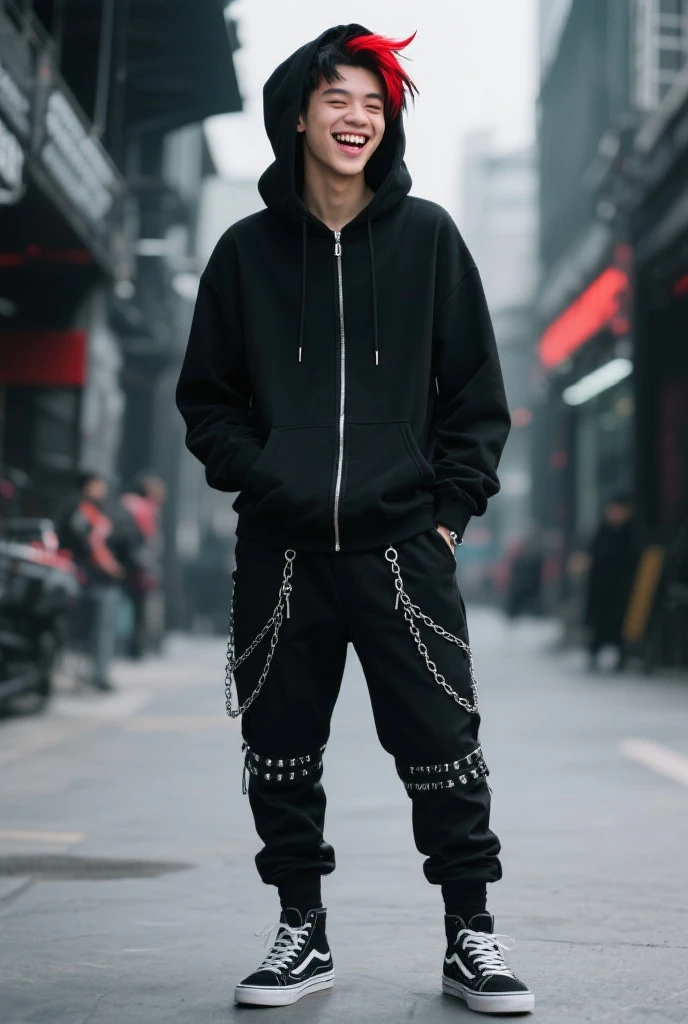 a young guy sitting on a concrete wall , wearing urban techwear, techwear fashion, techwear look and clothes, all black cyberpunk clothes, wearing Japanese techwear, techwear clothes, wearing cyberpunk streetwear.