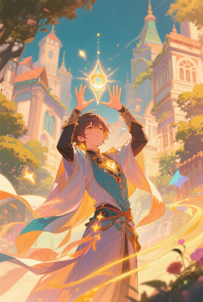 (masterpiece, best quality:1.2),anime boy, magician,casting magic, floating magic book, surrounded by magic circles,art by makoto shikai, powerful aura,genshin impact,official character designs