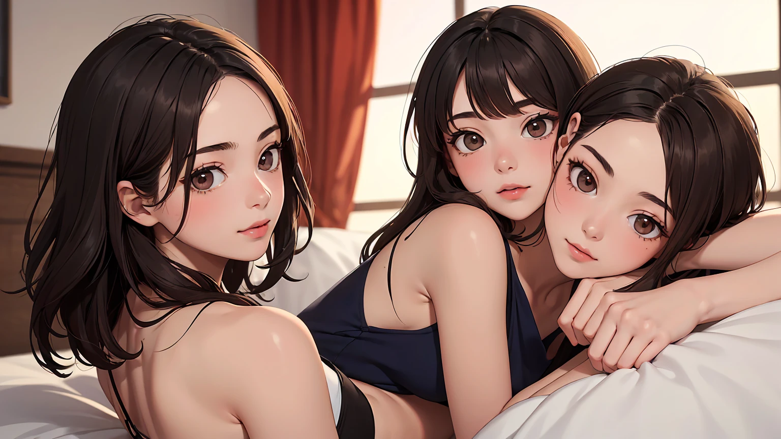 Realistic, 2 girls, selfie, face sitting on extra large zoom bed, face enhancement, smile, looking up, looking here, cleavage emphasis