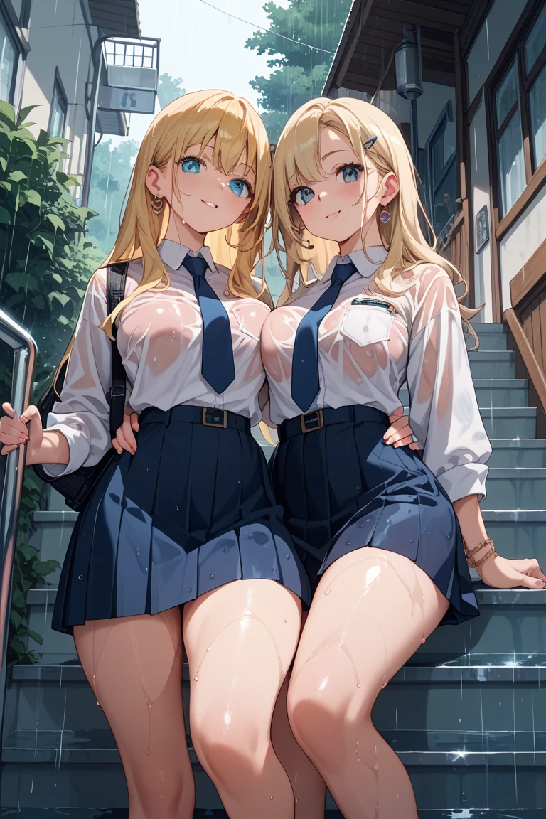 ((Two Very fleshy young woman))
((huge breasts))
((Very thick thighs))
(Tall)
(cleavage)
(Short Blonde side ponytail hair)
(Blue eyes)
Same as above Appearance.
Standing
(((Shoot from front)))
(((photograph the whole body)))
(Japanese school uniform)
(white (business) shirt)
(Black mini-skirt)
Japanese
Background (Kyoto city)